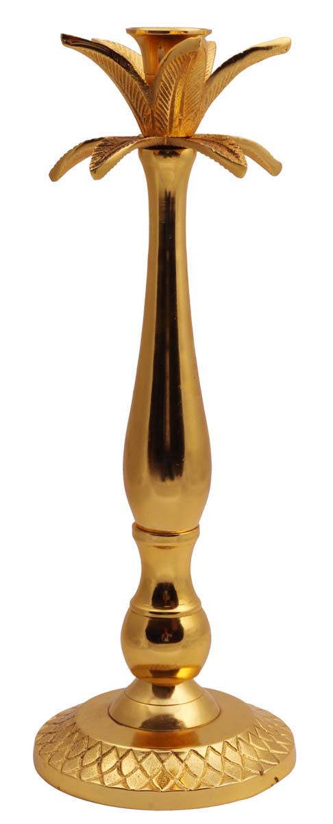14” Aluminum Palm-Tree Candle-Holder in Gold Tone – Embossed - Antique-Look Home Décor / Housewarming Gifts